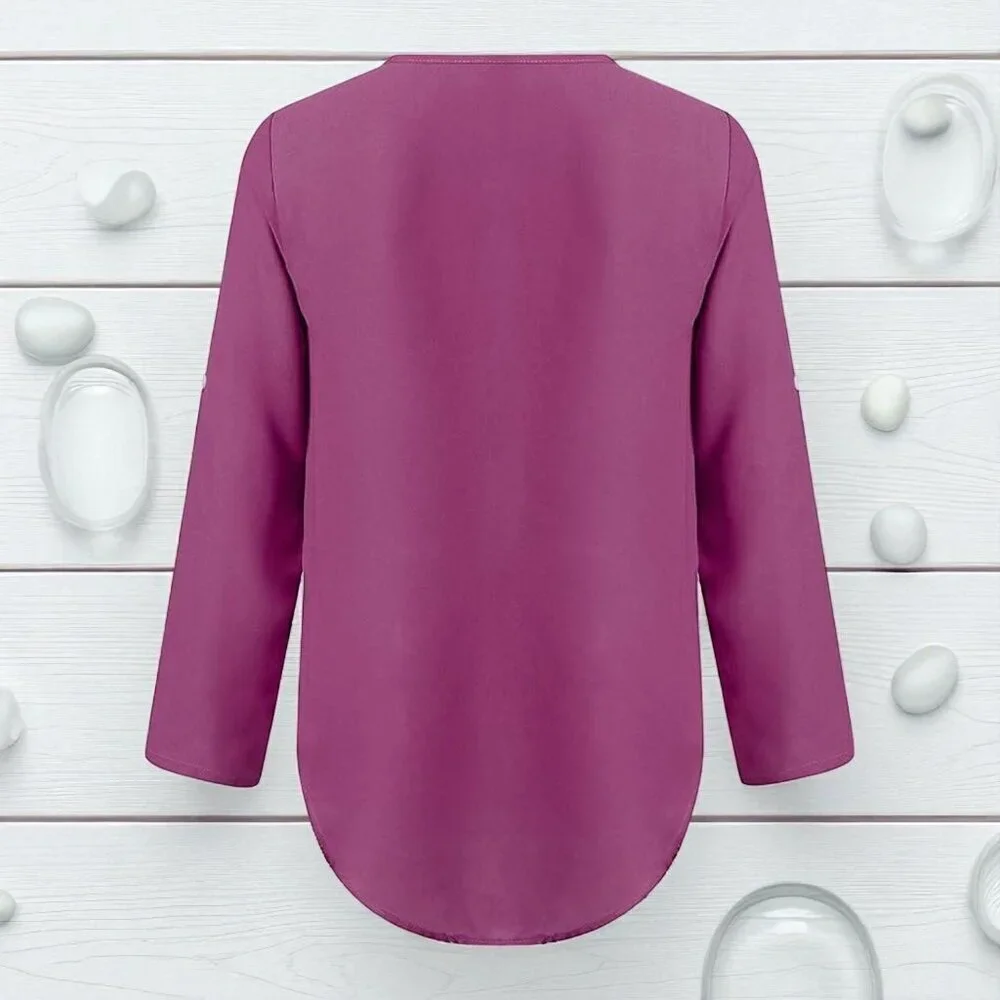 Ultra-Chic Purple V-Neck Blouse with Zip Detail & Roll-Up Sleeves Trendy 2XL